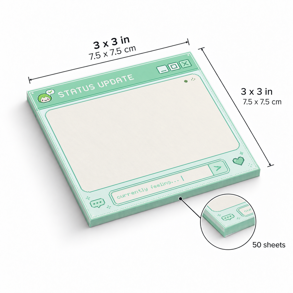 Mint Green Status Update Pixel Art sticky notes, 3x3 in (7.5 x 7.5 cm), 50 sheets