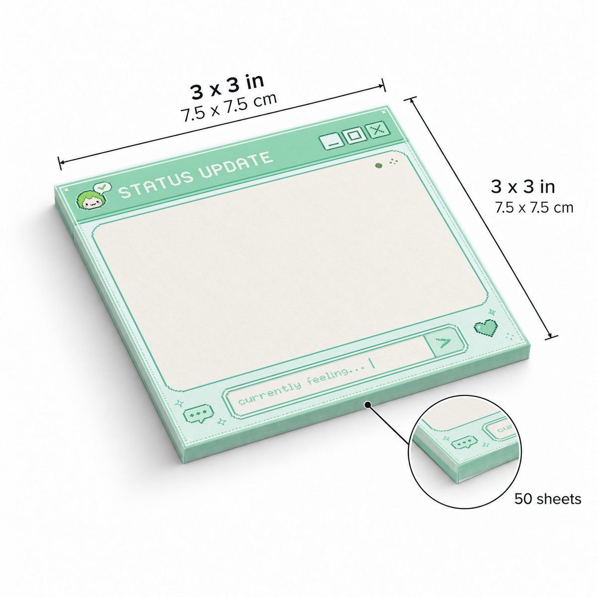 Mint Green Status Update Pixel Art sticky notes, 3x3 in (7.5 x 7.5 cm), 50 sheets