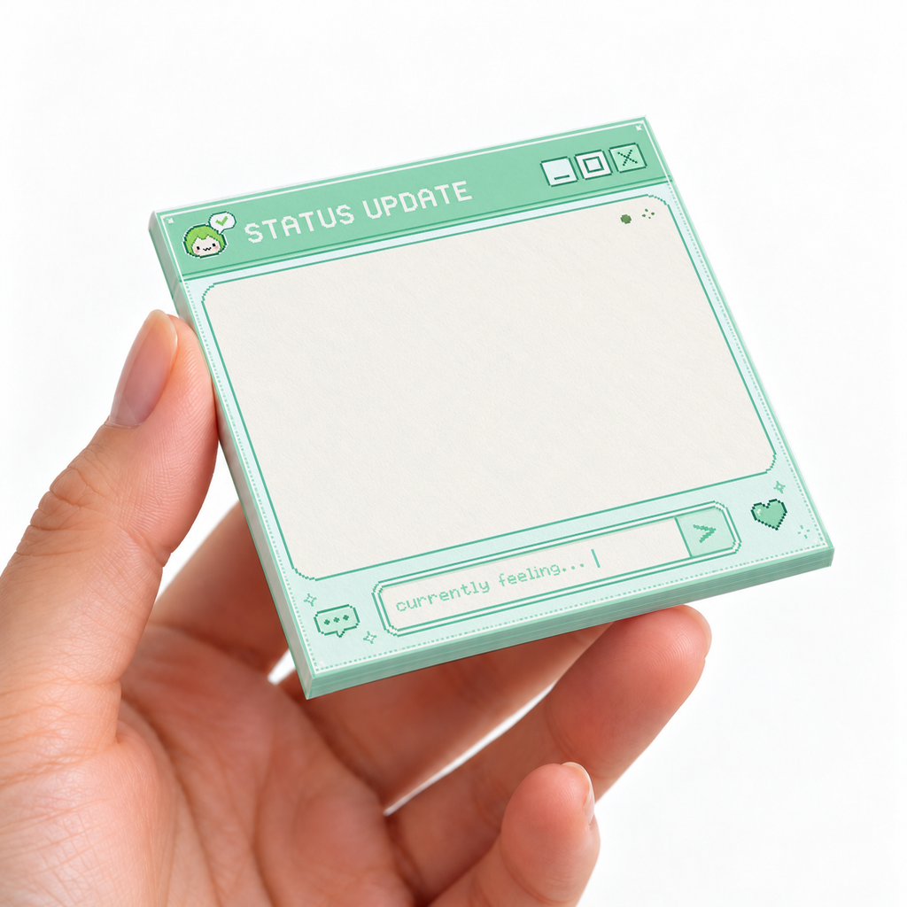 Mint Green Status Update Pixel Art sticky note pad on a desk with stationery