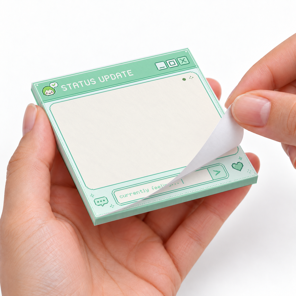 Mint Green Status Update Pixel Art sticky notes styled with a planner and desk accessories