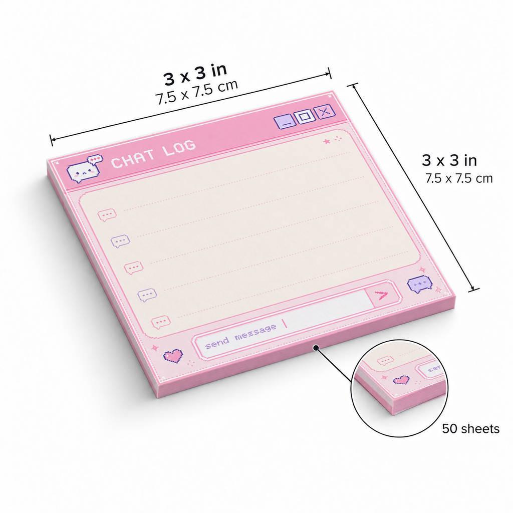 Pink Retro Chat Log Pixel Art sticky notes, 3x3 in (7.5 x 7.5 cm), 50 sheets