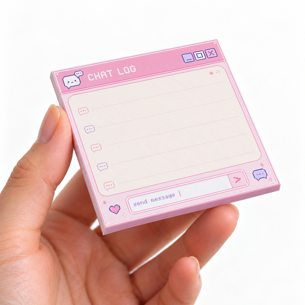 Pink Retro Chat Log Pixel Art sticky note pad on a desk with stationery