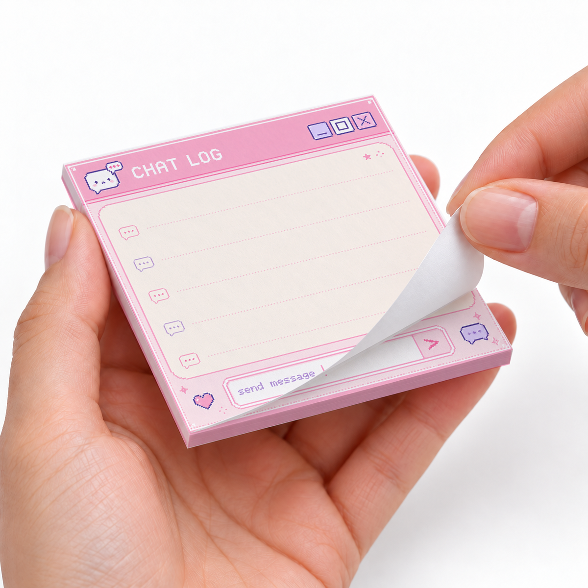 Pink Retro Chat Log Pixel Art sticky notes styled with a planner and desk accessories