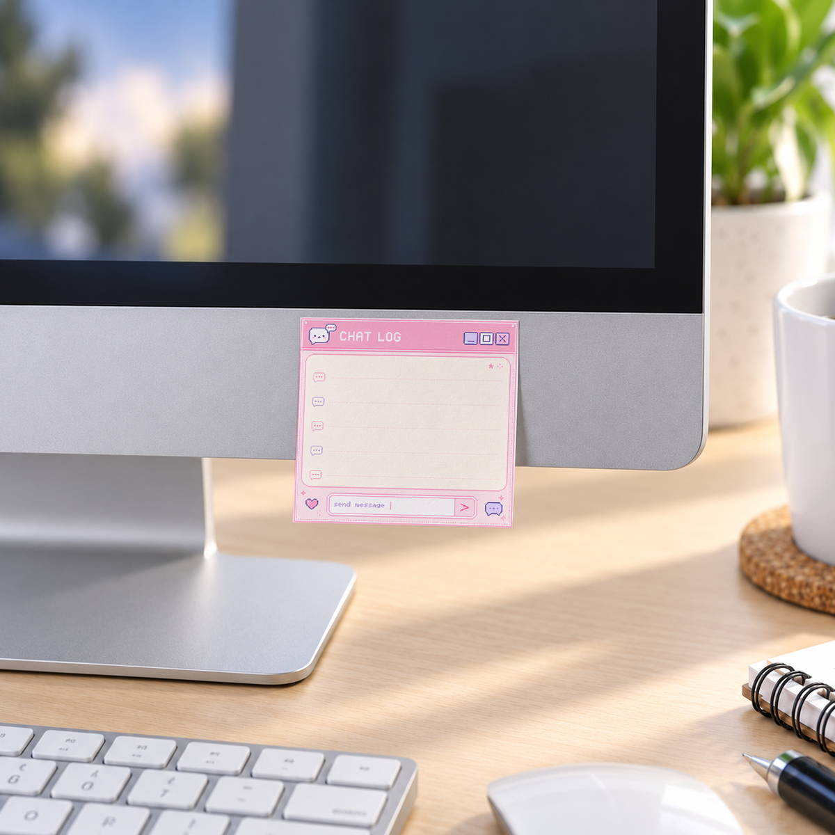 Pink Retro Chat Log Pixel Art memo pad in an office or home workspace