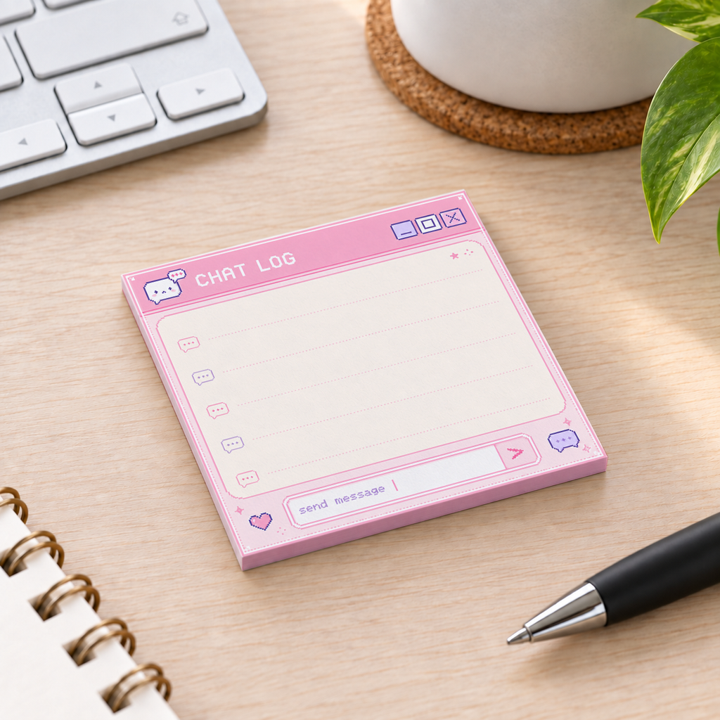 Close-up of Pink Retro Chat Log Pixel Art sticky note design and writable area