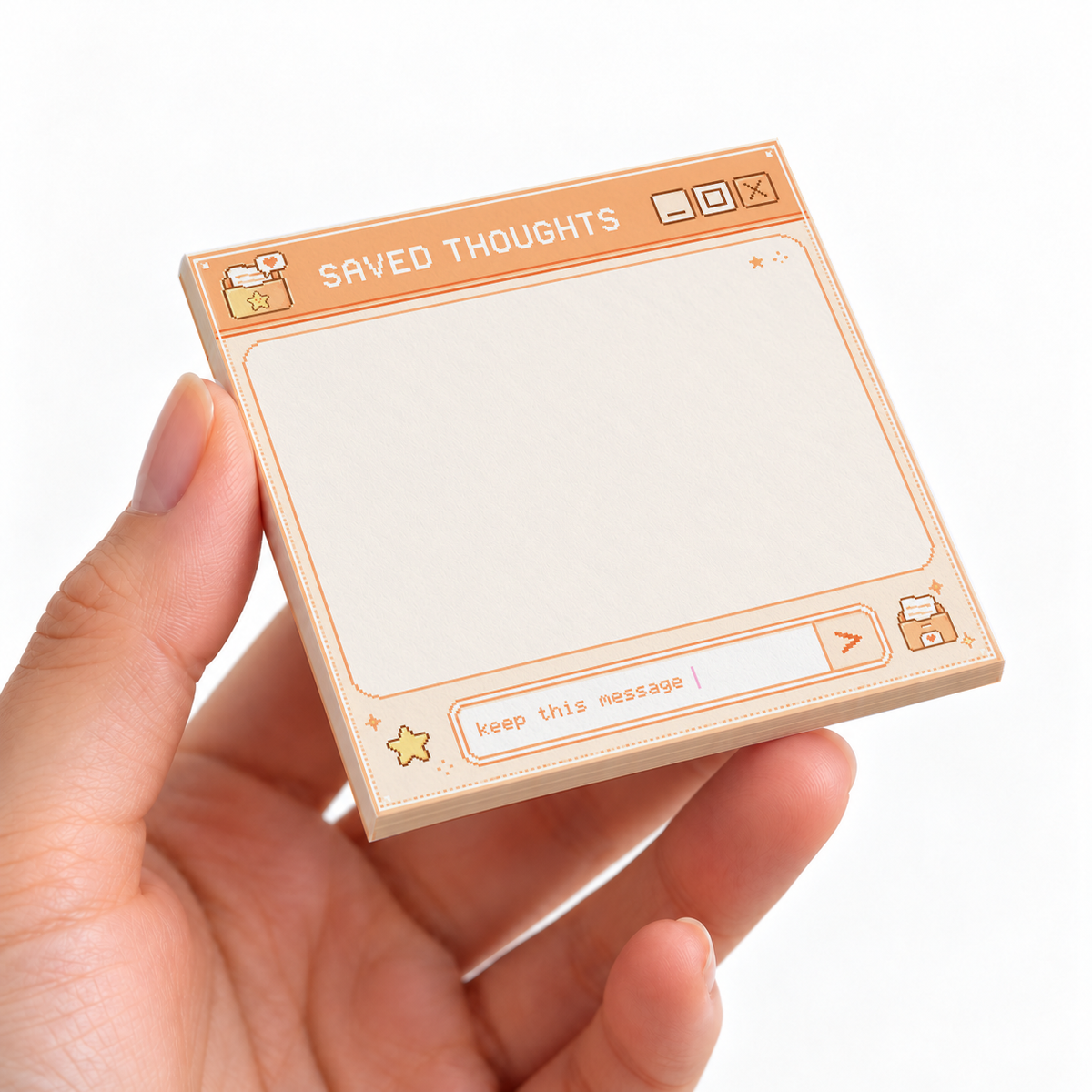 Peach Orange Saved Thoughts Retro sticky note pad on a desk with stationery