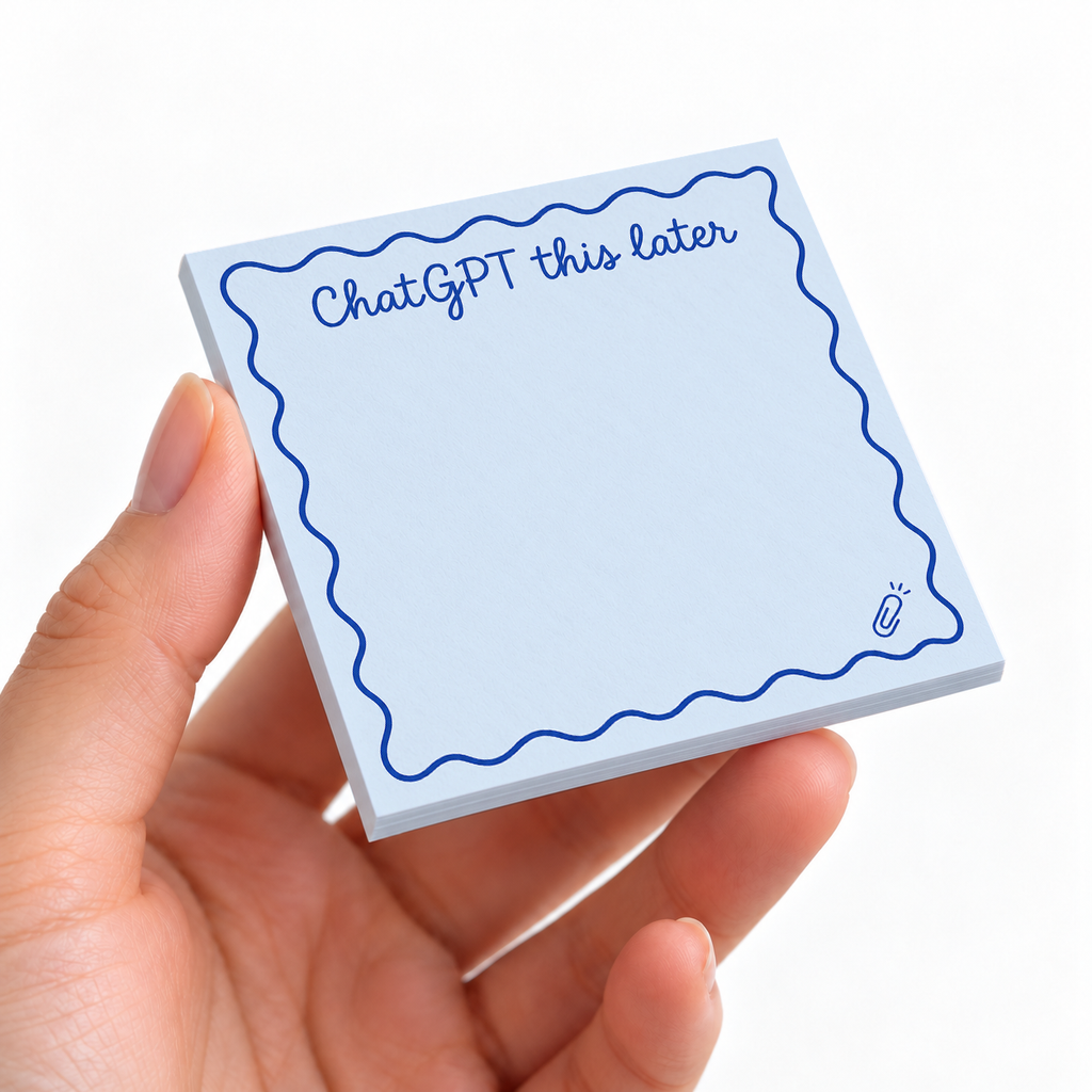 Blue Paperclip "ChatGPT This Later" sticky note pad on a desk with stationery
