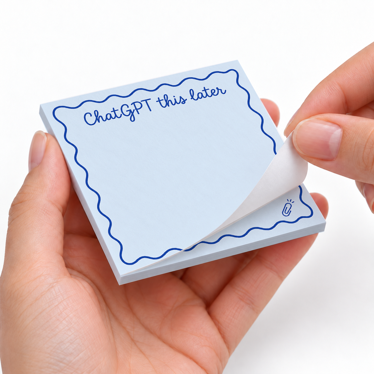 Blue Paperclip "ChatGPT This Later" sticky notes styled with a planner and desk accessories