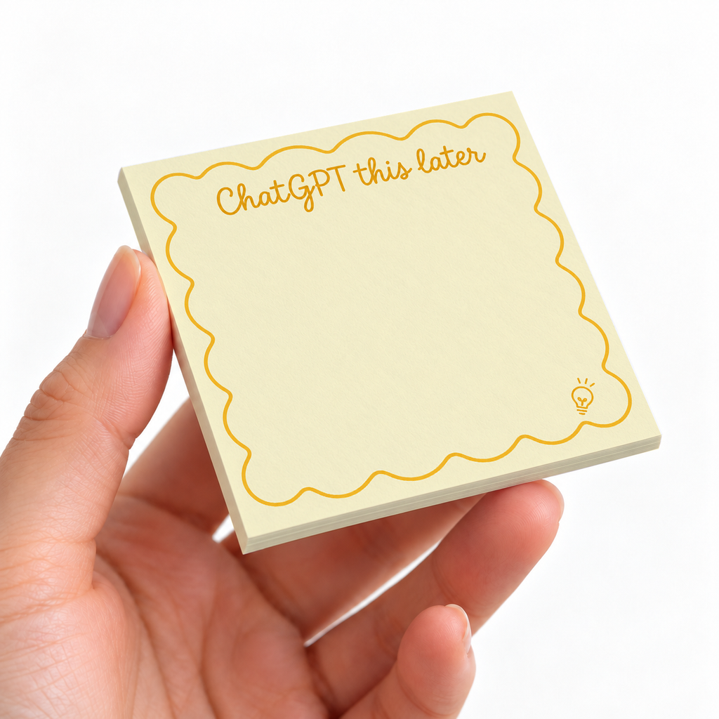 Yellow Lightbulb "ChatGPT This Later" sticky note pad on a desk with stationery