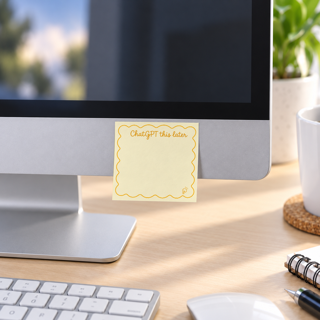Yellow Lightbulb "ChatGPT This Later" memo pad in an office or home workspace