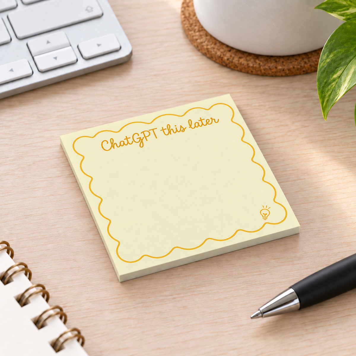 Close-up of Yellow Lightbulb "ChatGPT This Later" sticky note design and writable area