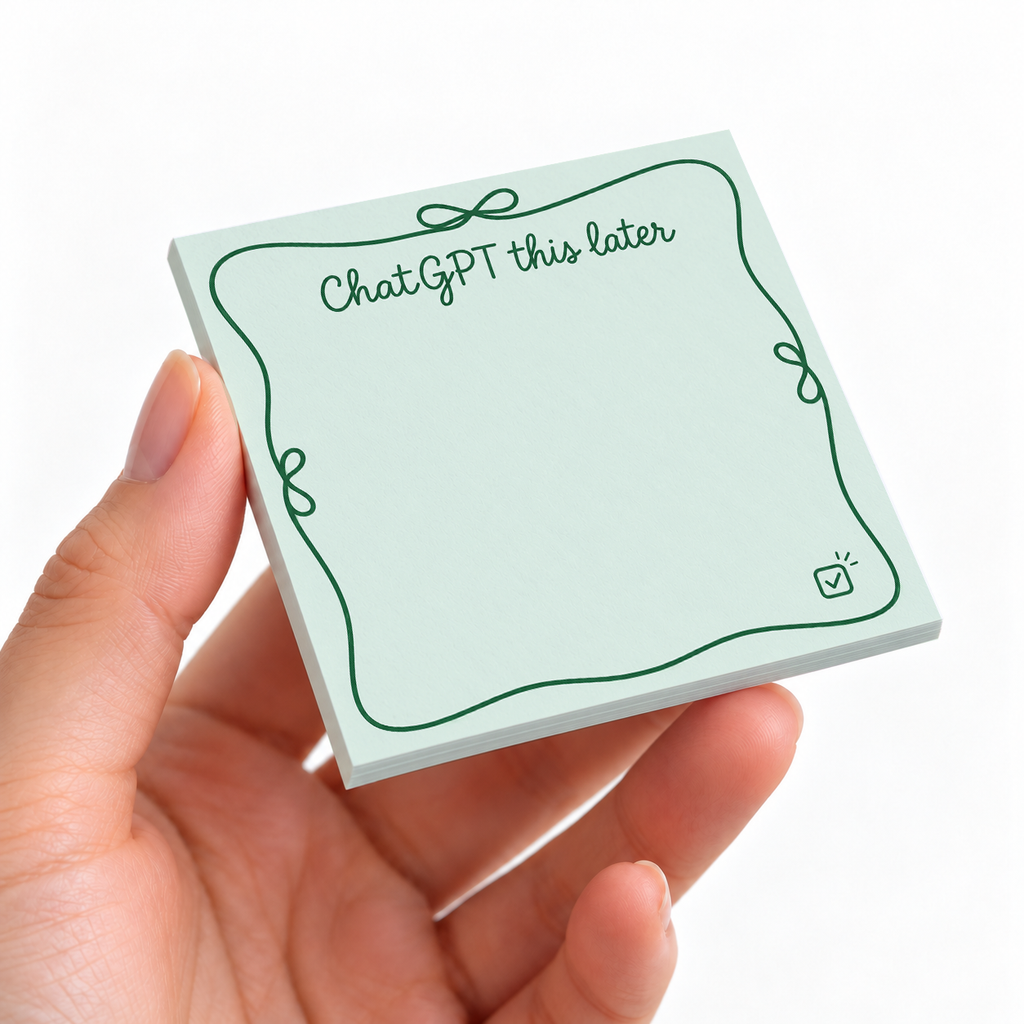 Green Checkmark "ChatGPT This Later" sticky note pad on a desk with stationery