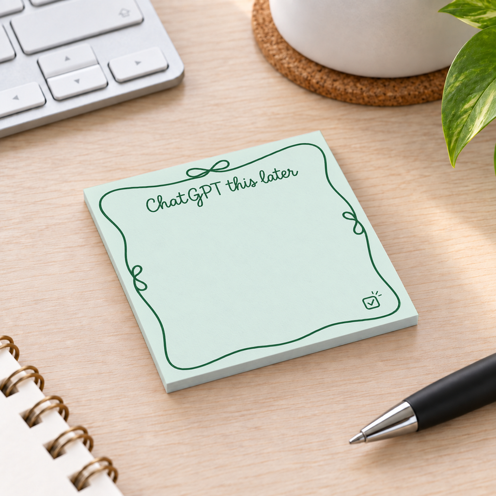 Close-up of Green Checkmark "ChatGPT This Later" sticky note design and writable area