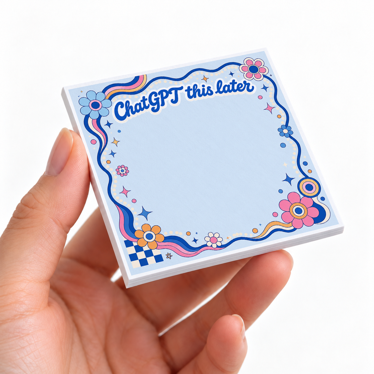 Groovy Blue ChatGPT This Later sticky note pad on a desk with stationery