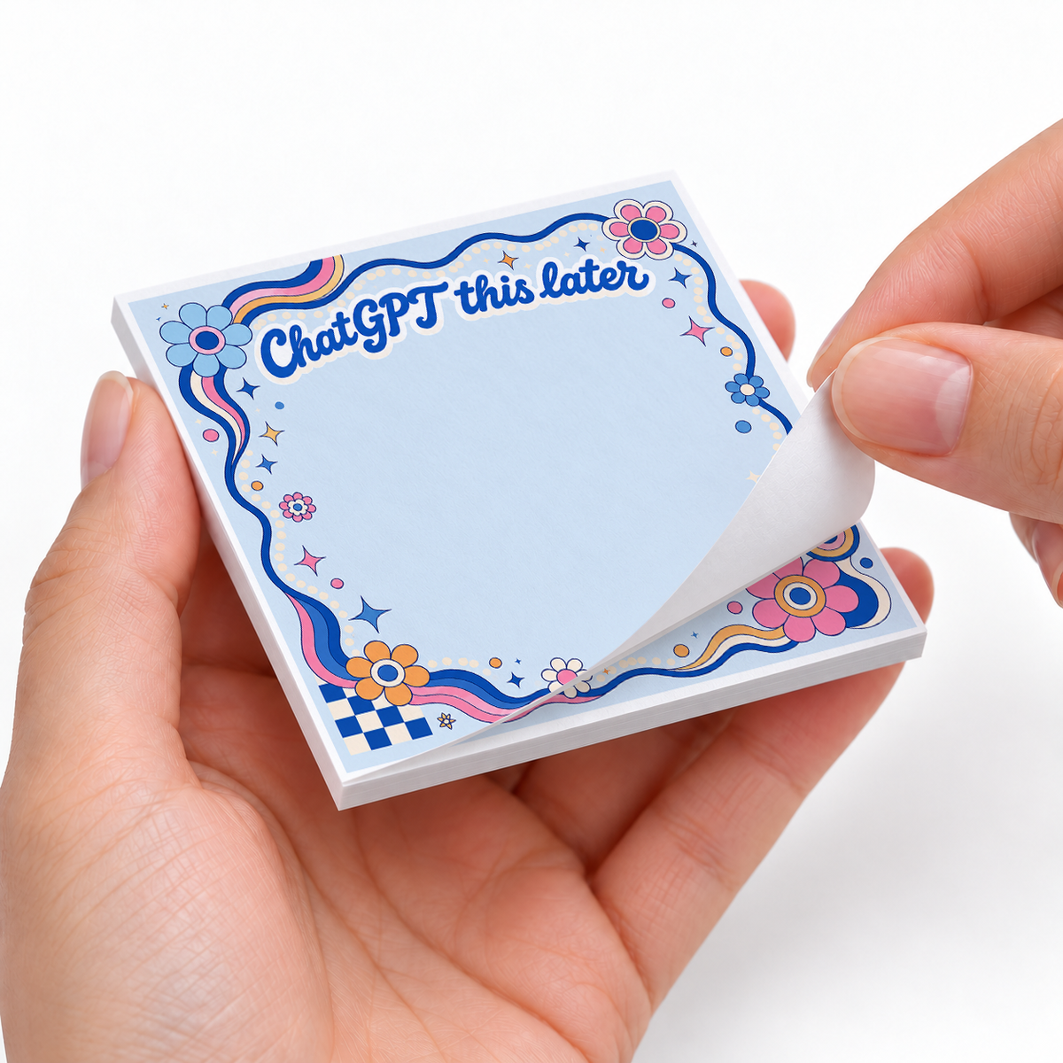 Groovy Blue ChatGPT This Later sticky notes styled with a planner and desk accessories