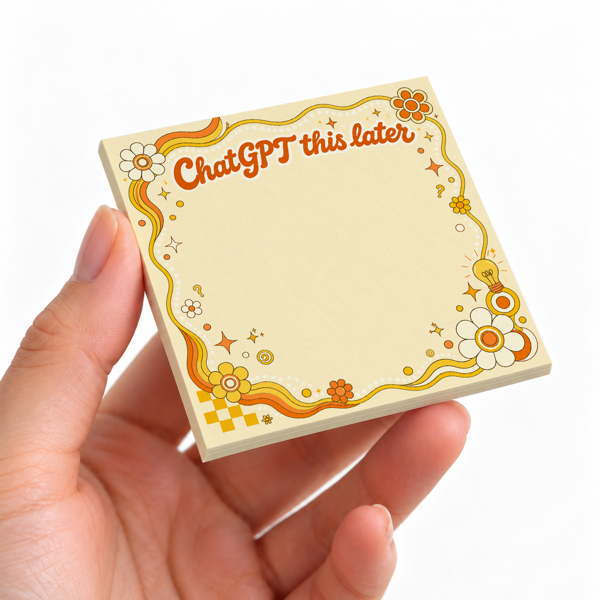 Retro Yellow ChatGPT This Later sticky note pad on a desk with stationery