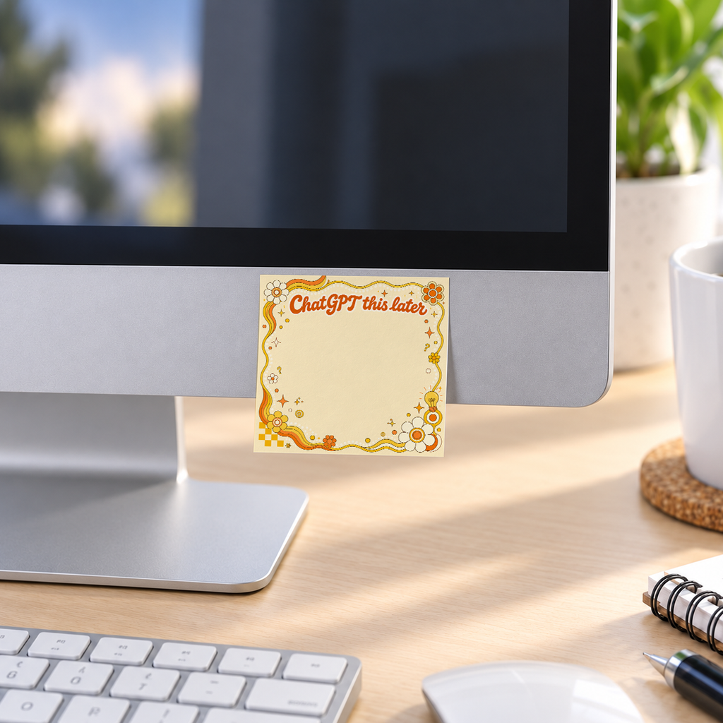 Retro Yellow ChatGPT This Later memo pad in an office or home workspace