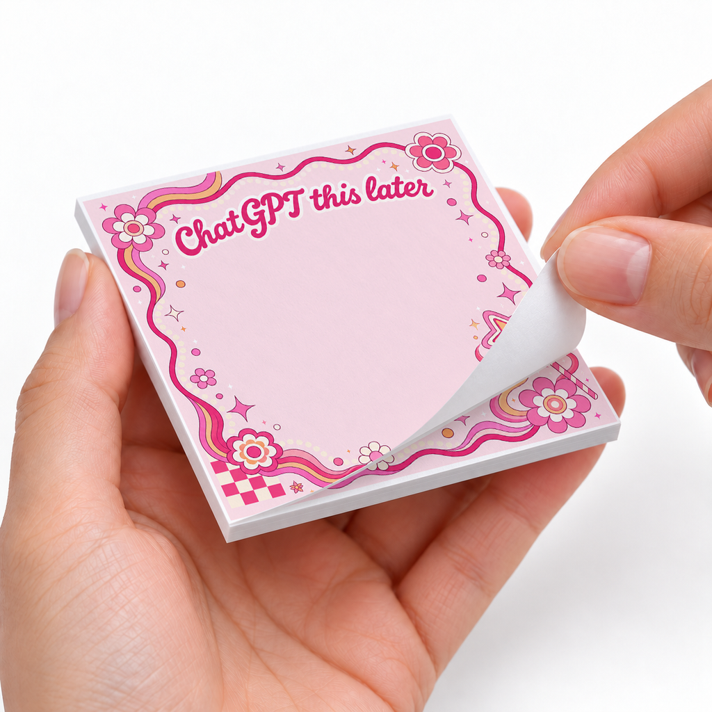 Magic Pink ChatGPT This Later sticky notes styled with a planner and desk accessories
