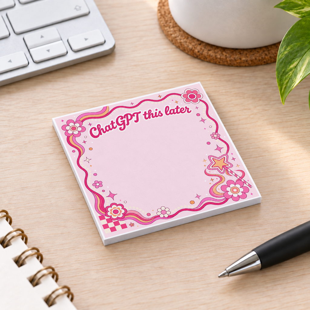 Close-up of Magic Pink ChatGPT This Later sticky note design and writable area