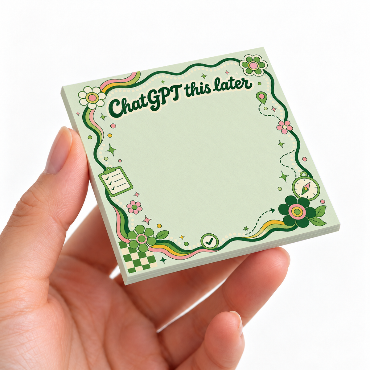 Green Compass ChatGPT This Later sticky note pad on a desk with stationery