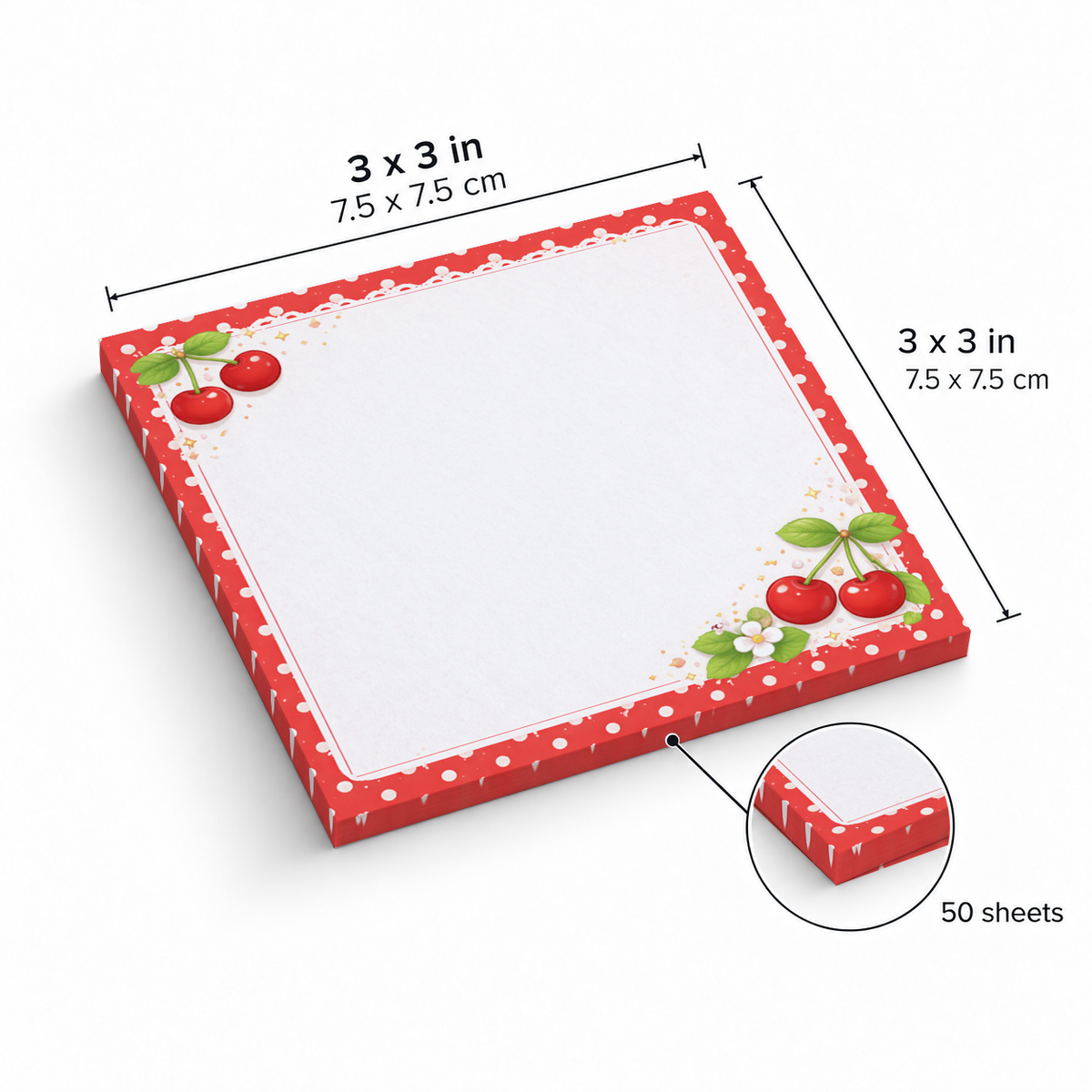 Cherry Polka Dot sticky notes, 3x3 in (7.5 x 7.5 cm), 50 sheets