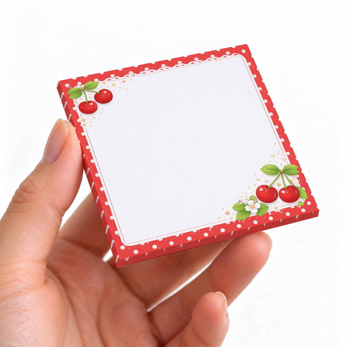 Cherry Polka Dot sticky note pad on a desk with stationery