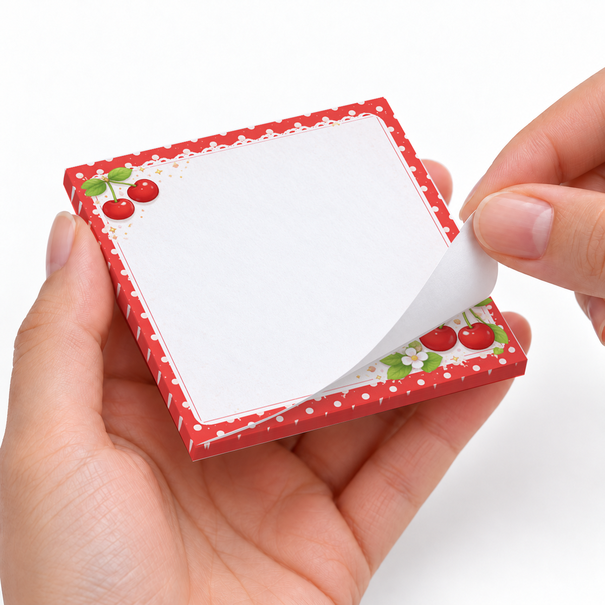 Cherry Polka Dot sticky notes styled with a planner and desk accessories