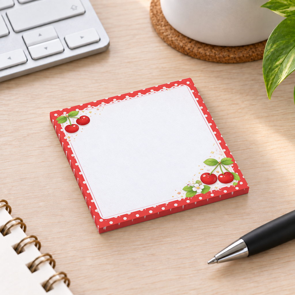 Close-up of Cherry Polka Dot sticky note design and writable area