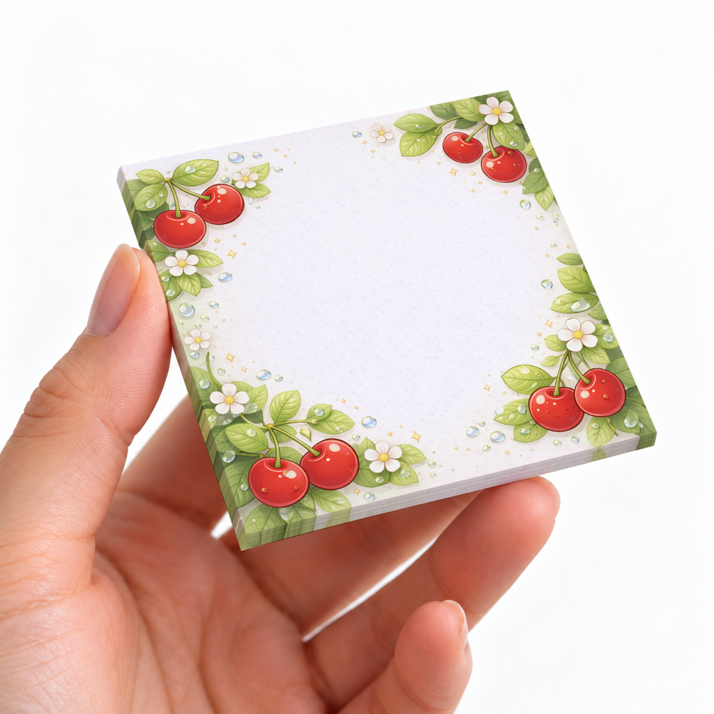 Dewy Cherry Blossom sticky note pad on a desk with stationery