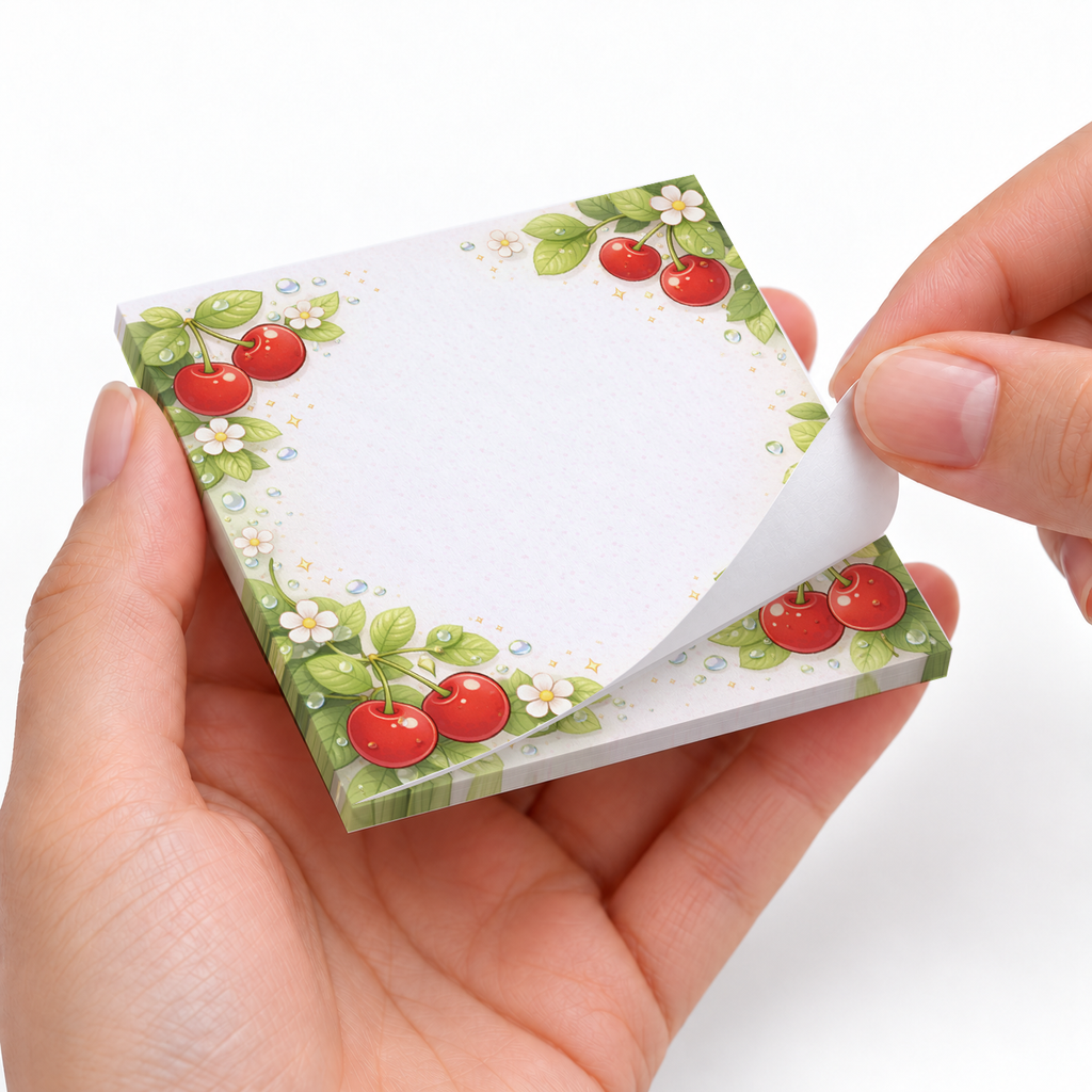 Dewy Cherry Blossom sticky notes styled with a planner and desk accessories