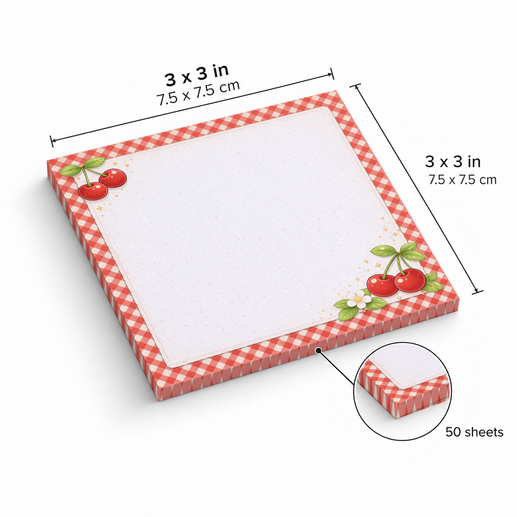 Cherry Gingham sticky notes, 3x3 in (7.5 x 7.5 cm), 50 sheets
