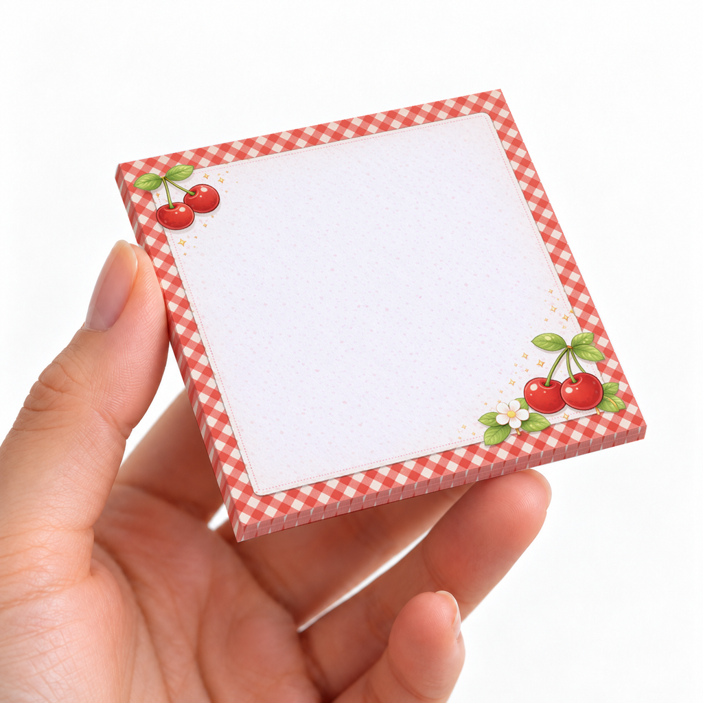 Cherry Gingham sticky note pad on a desk with stationery