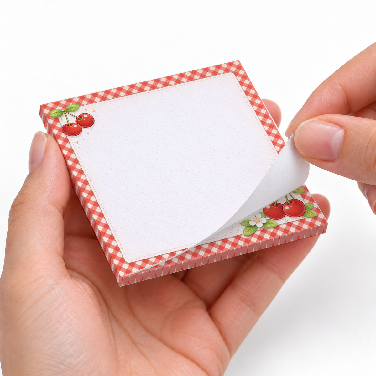 Cherry Gingham sticky notes styled with a planner and desk accessories