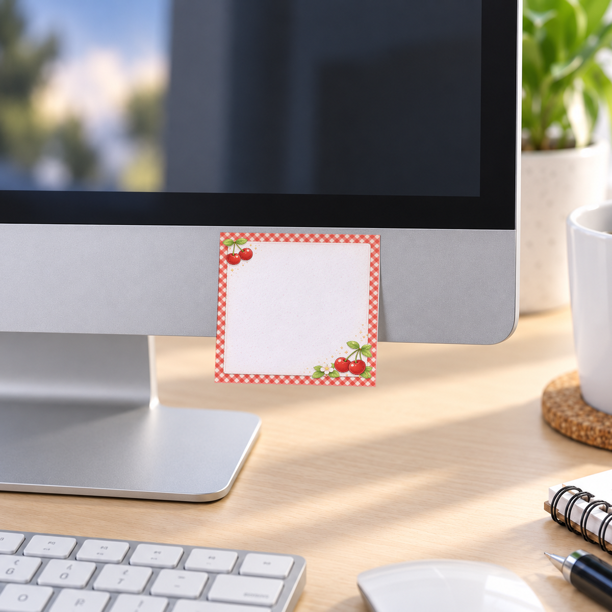 Cherry Gingham memo pad in an office or home workspace