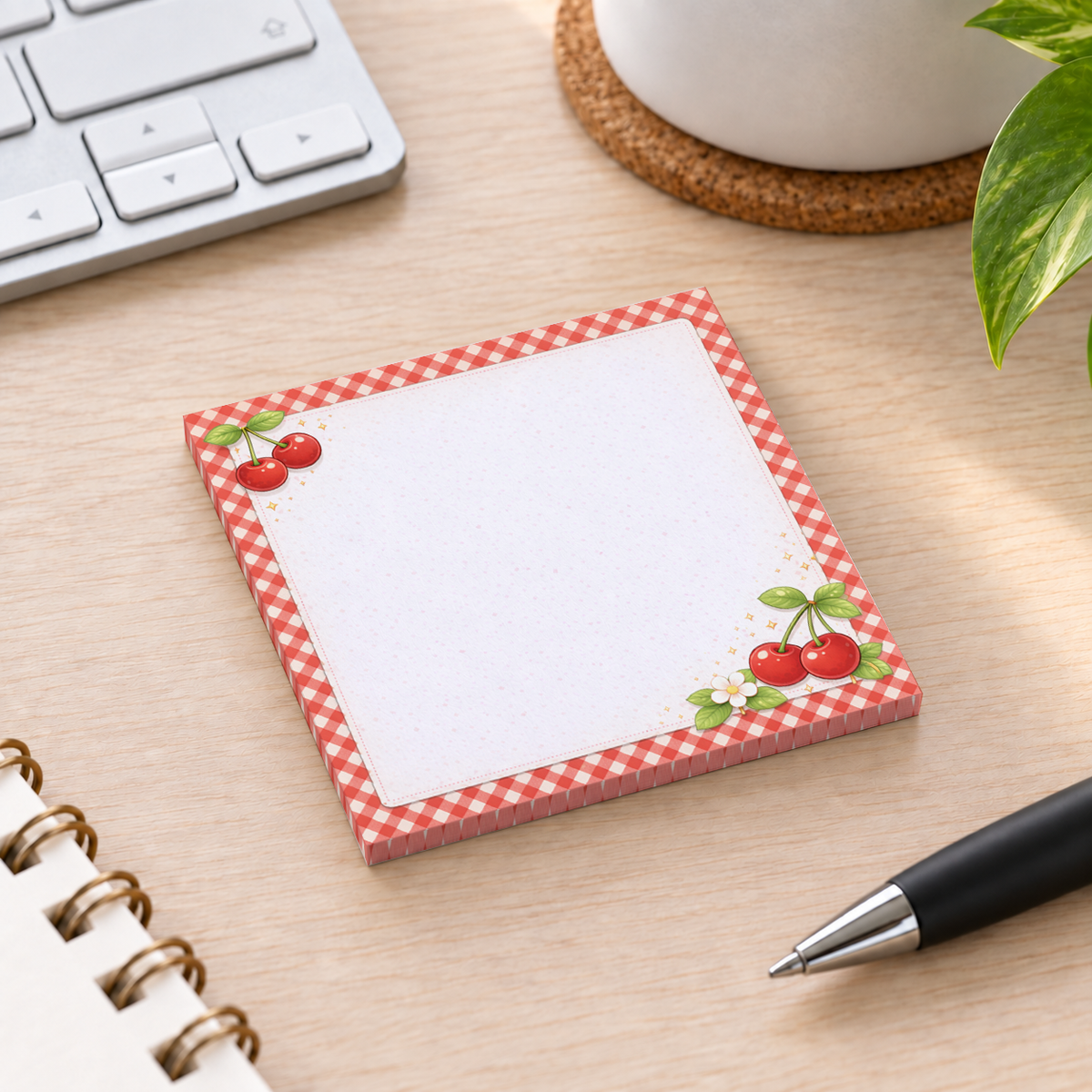 Close-up of Cherry Gingham sticky note design and writable area