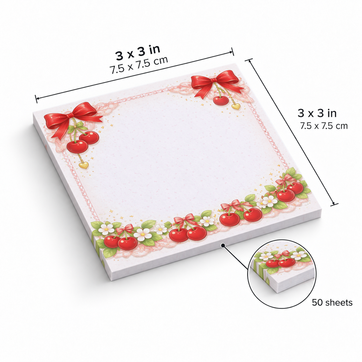 Cherry Ribbon & Lace sticky notes, 3x3 in (7.5 x 7.5 cm), 50 sheets