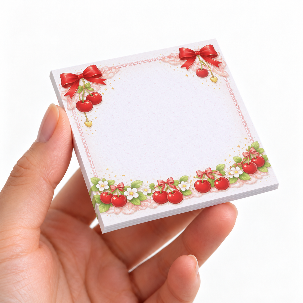 Cherry Ribbon & Lace sticky note pad on a desk with stationery
