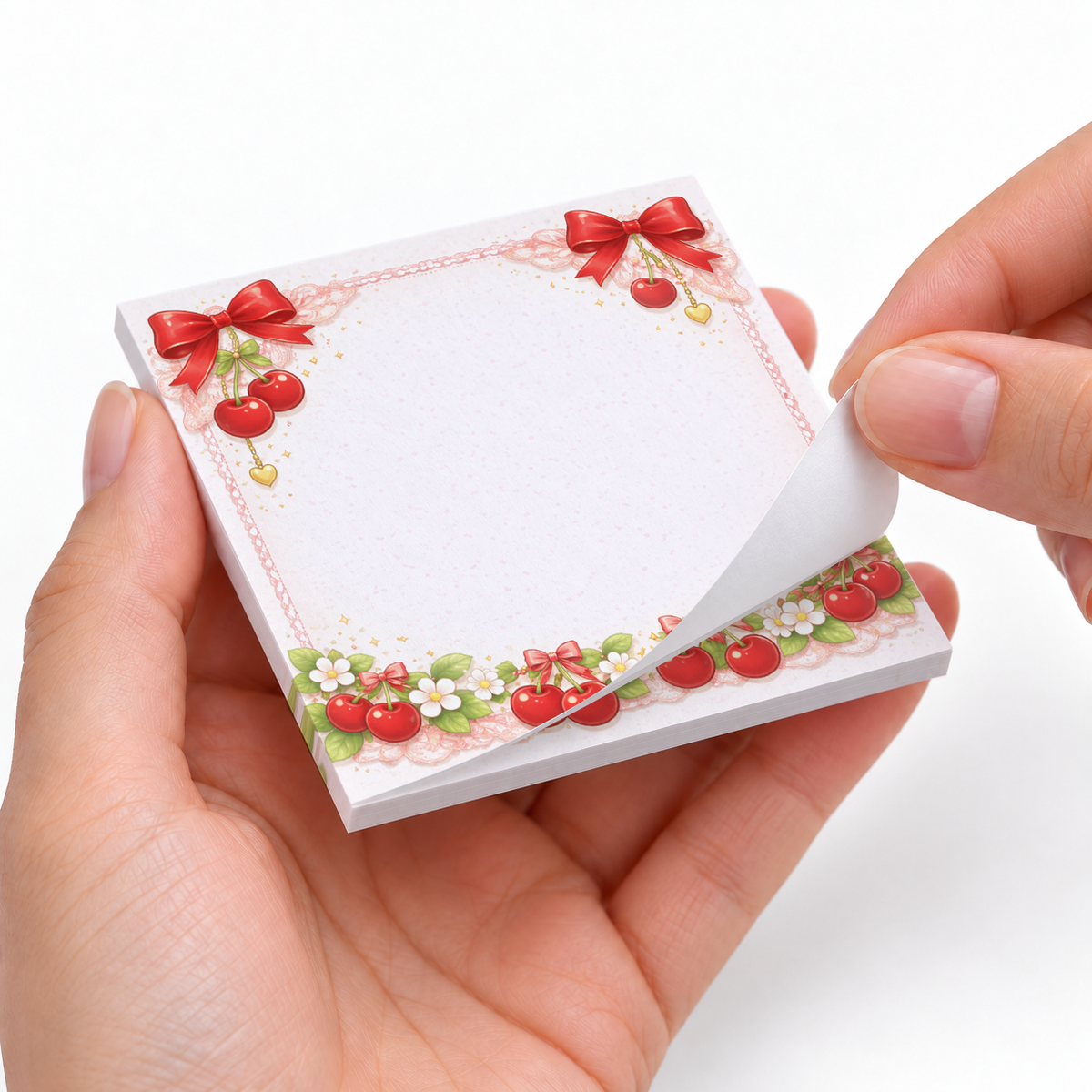 Cherry Ribbon & Lace sticky notes styled with a planner and desk accessories