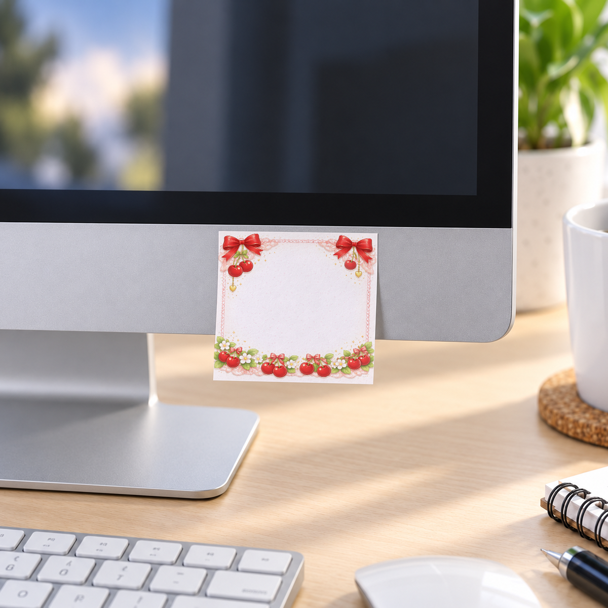 Cherry Ribbon & Lace memo pad in an office or home workspace