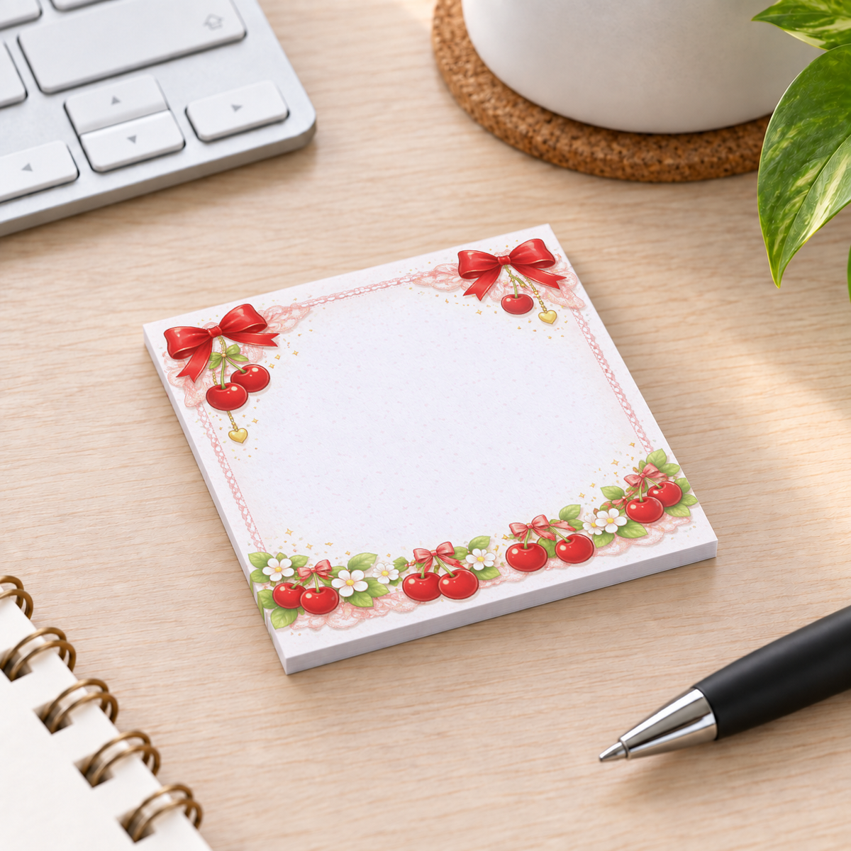 Close-up of Cherry Ribbon & Lace sticky note design and writable area
