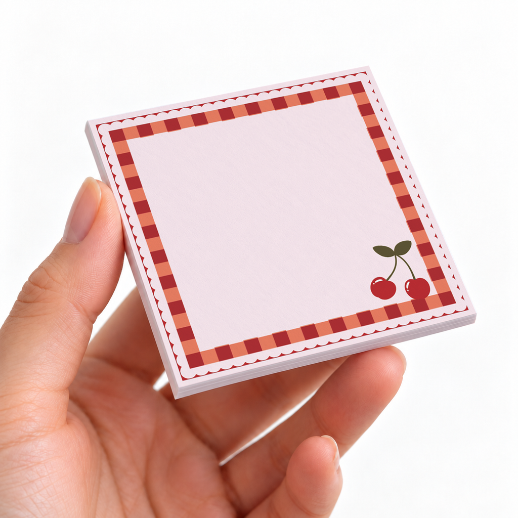 Cherry Checkered Border sticky note pad on a desk with stationery