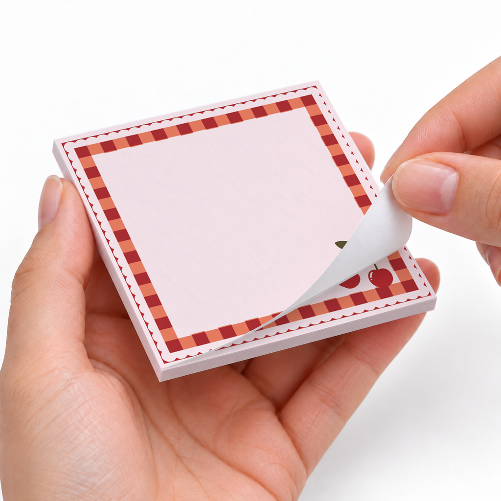 Cherry Checkered Border sticky notes styled with a planner and desk accessories