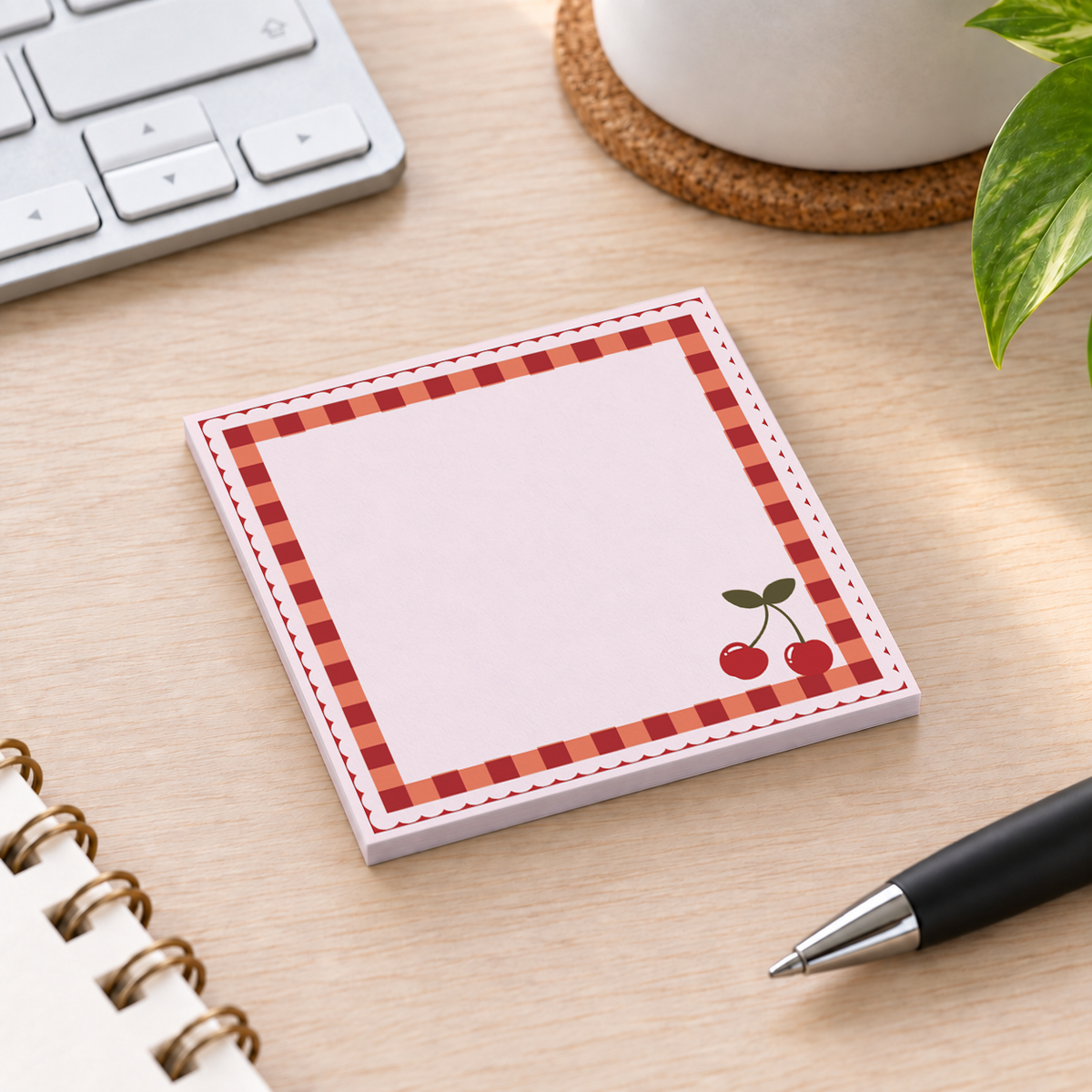 Close-up of Cherry Checkered Border sticky note design and writable area