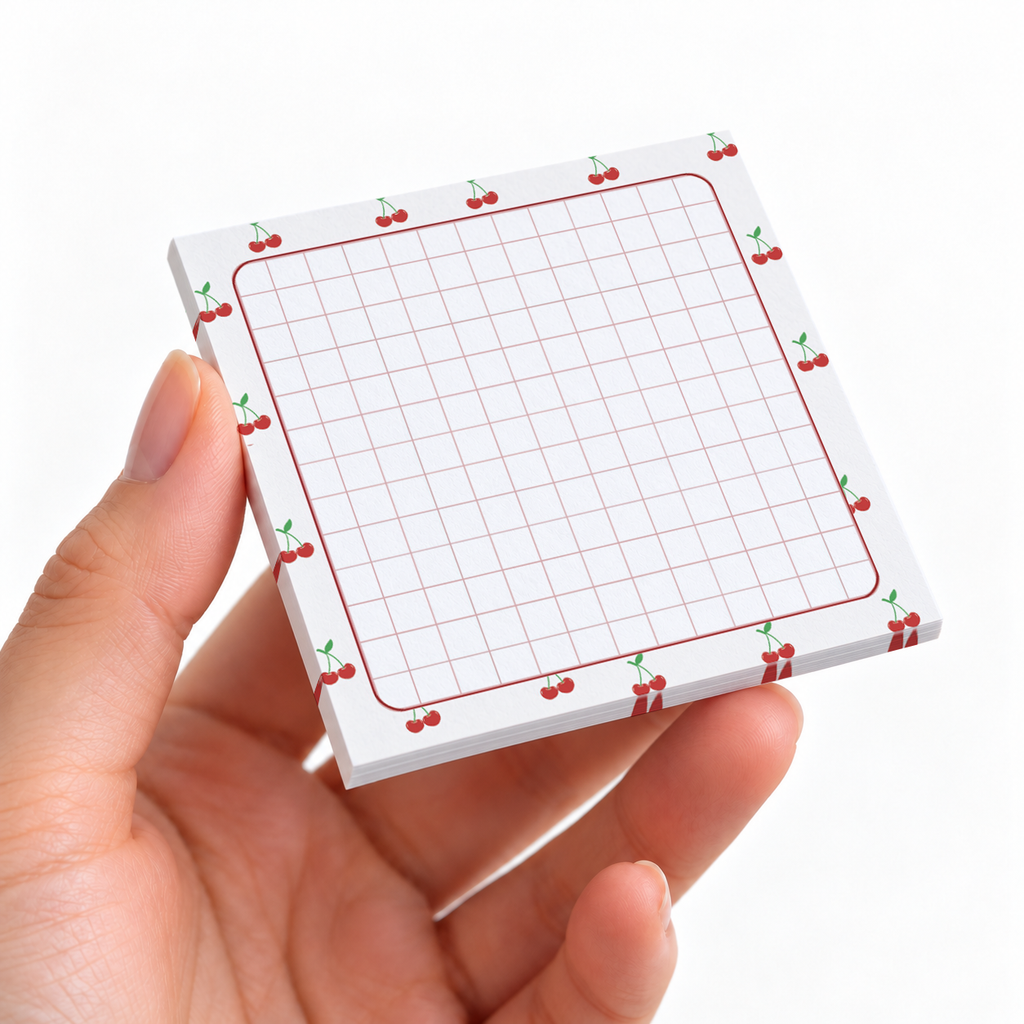 Cherry Border Grid sticky note pad on a desk with stationery