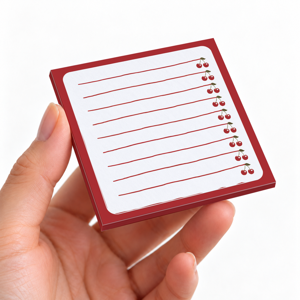 Lined Cherry Margin sticky note pad on a desk with stationery