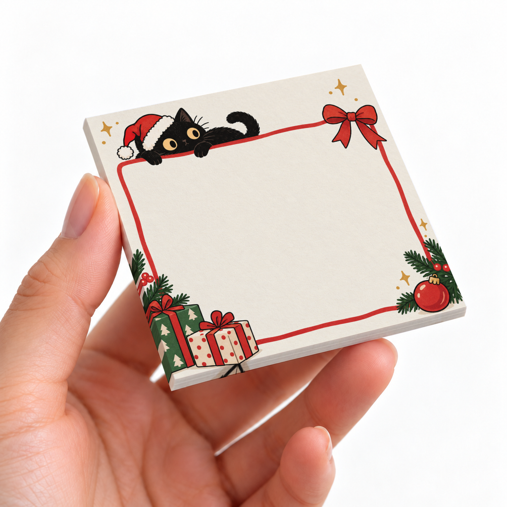 Hand holding a Santa hat black cat sticky note pad with a red border, bow, gifts, greenery, and ornament.