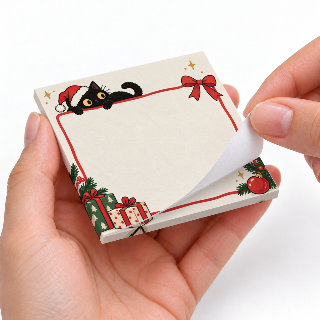 Hands peel a sheet from Santa hat black cat sticky notes framed with gifts, ornaments, and a red bow.