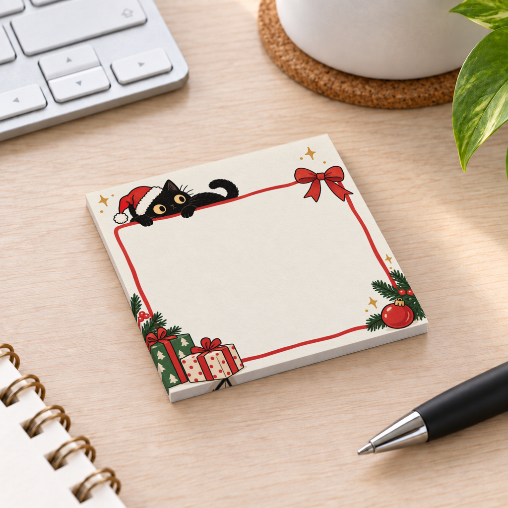 Santa hat black cat sticky note pad with a festive border on a wooden desk beside a keyboard and pen.