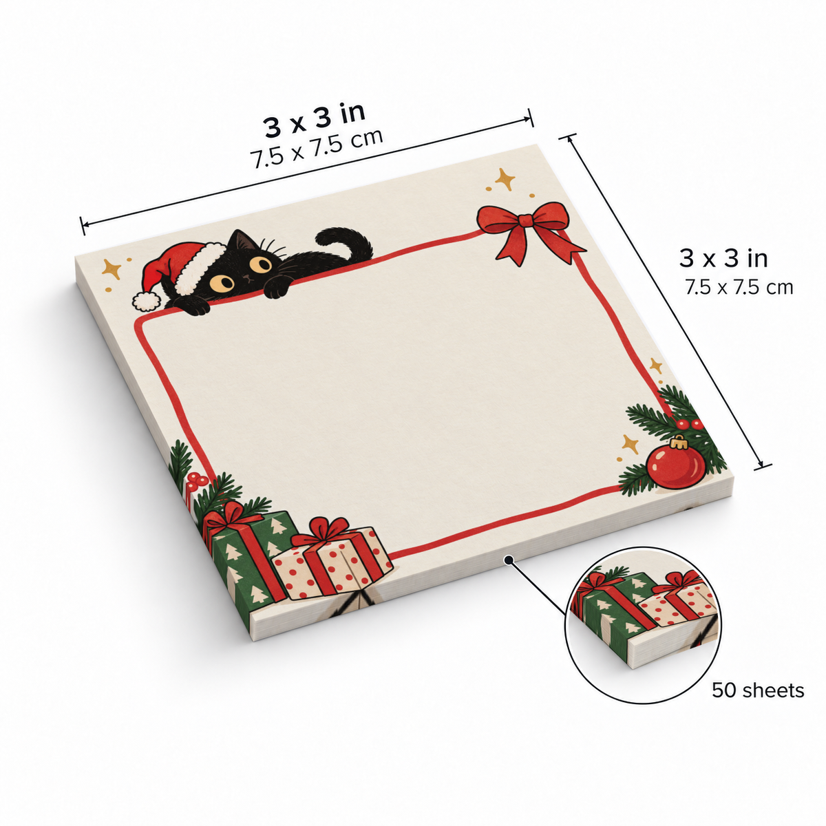 Santa hat black cat sticky note pad with Christmas border, labeled 3 x 3 inches and 50 sheets.