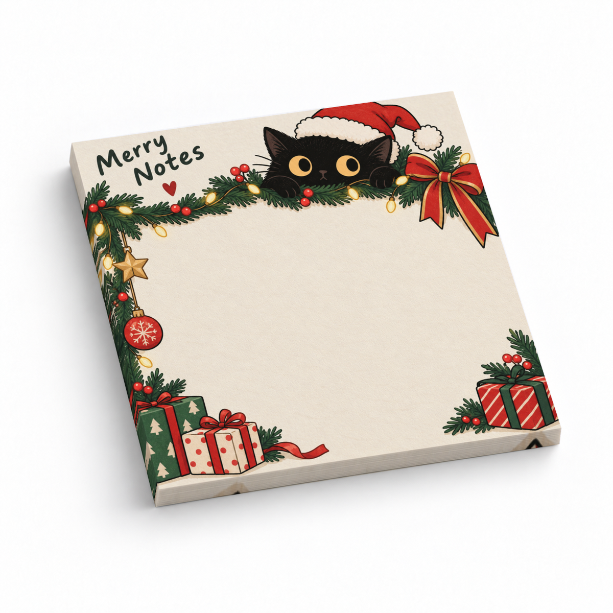 3 x 3 inch Merry Notes sticky note pad with a Santa-hat black cat, festive greenery, bows, and gifts.